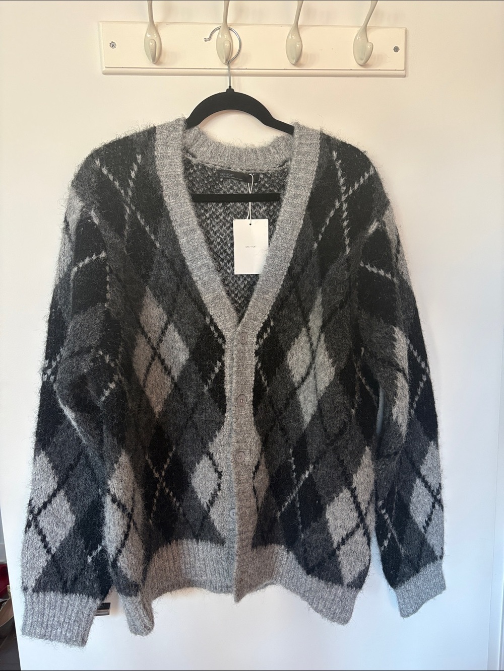 OAK + FORT Women's Gray Argyle Oversized Cardigan